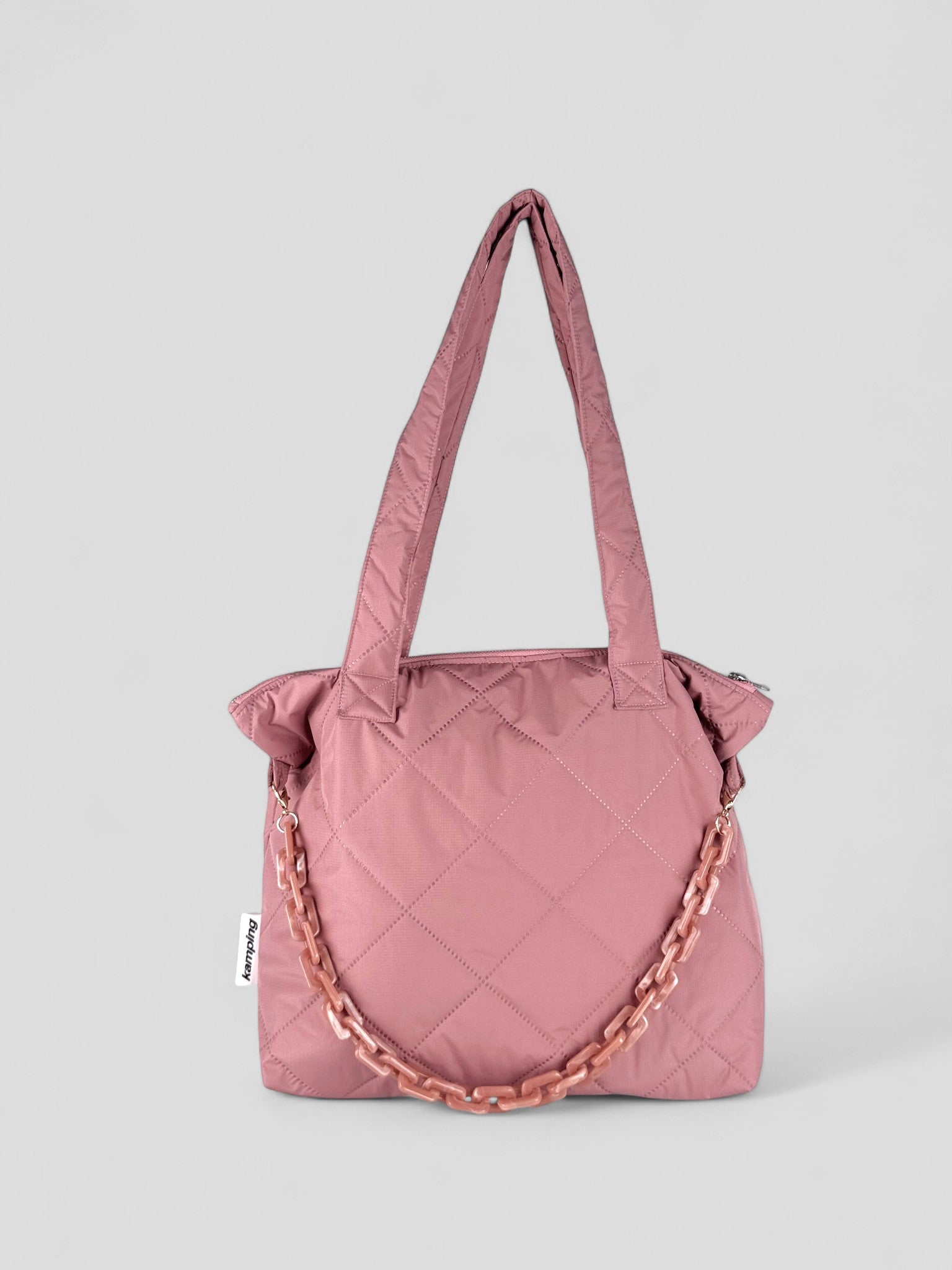 Kamping Studios Everyday-Stepptasche, Pink-Rose, Produktfoto mit Schultergurt, Vorderseite mit Kette