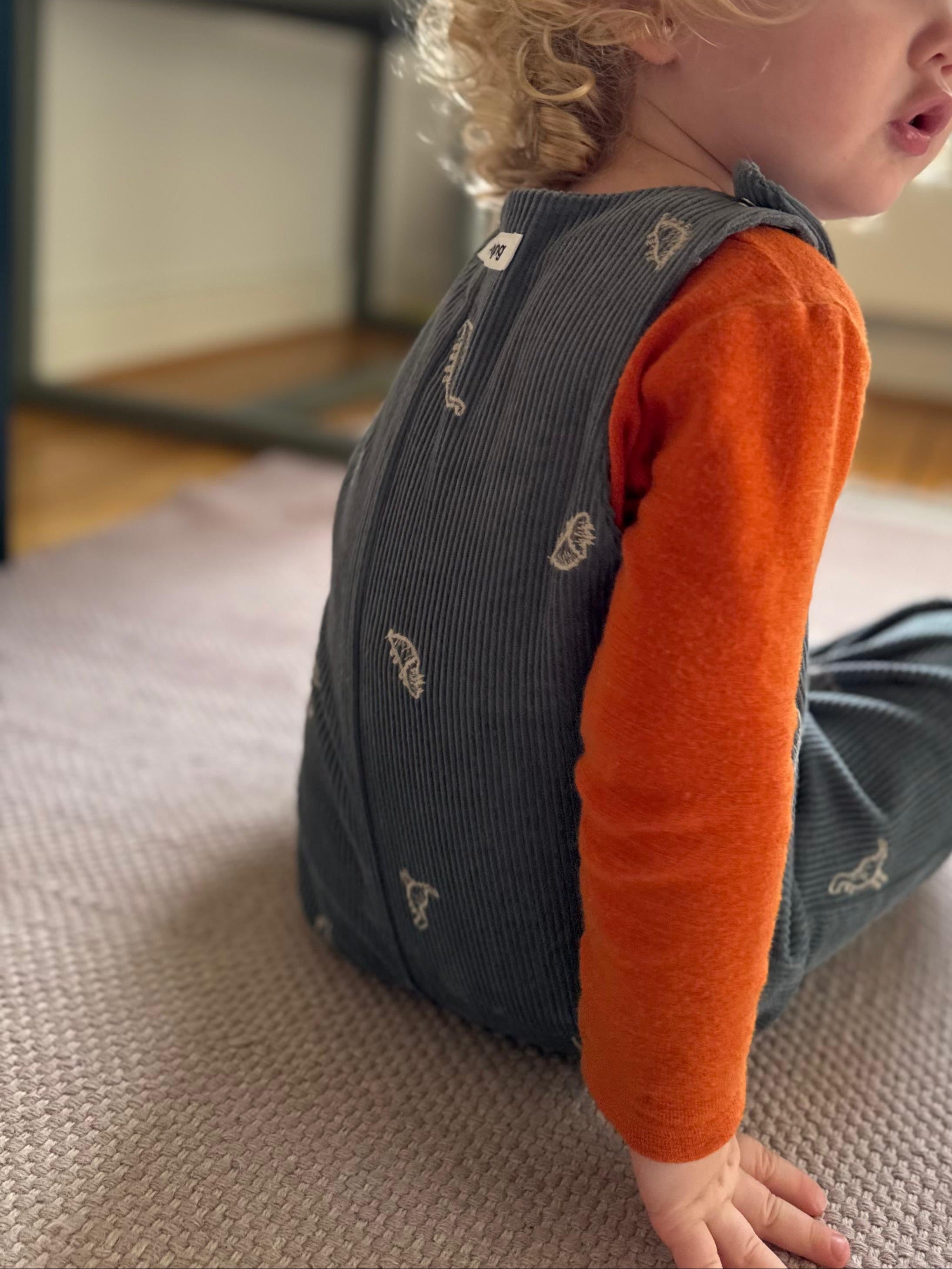 Kamping Studios Baby Overall und Strampler aus Cord mit Dinosauriern am Model, Rueckseite