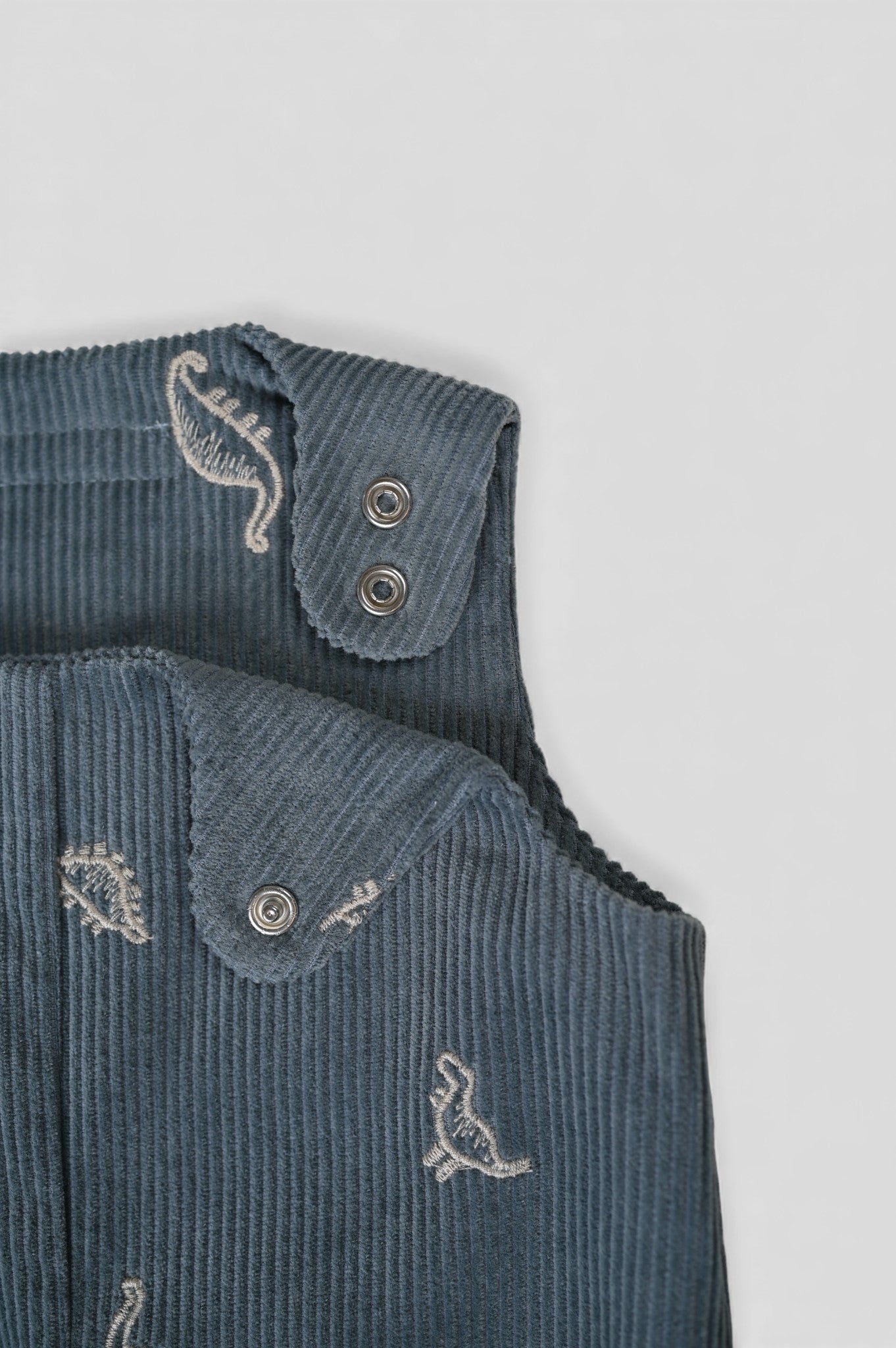 Kamping Studios Baby Overall und Strampler aus Cord mit Dinosauriern, Produktfoto, Detail, Knopf