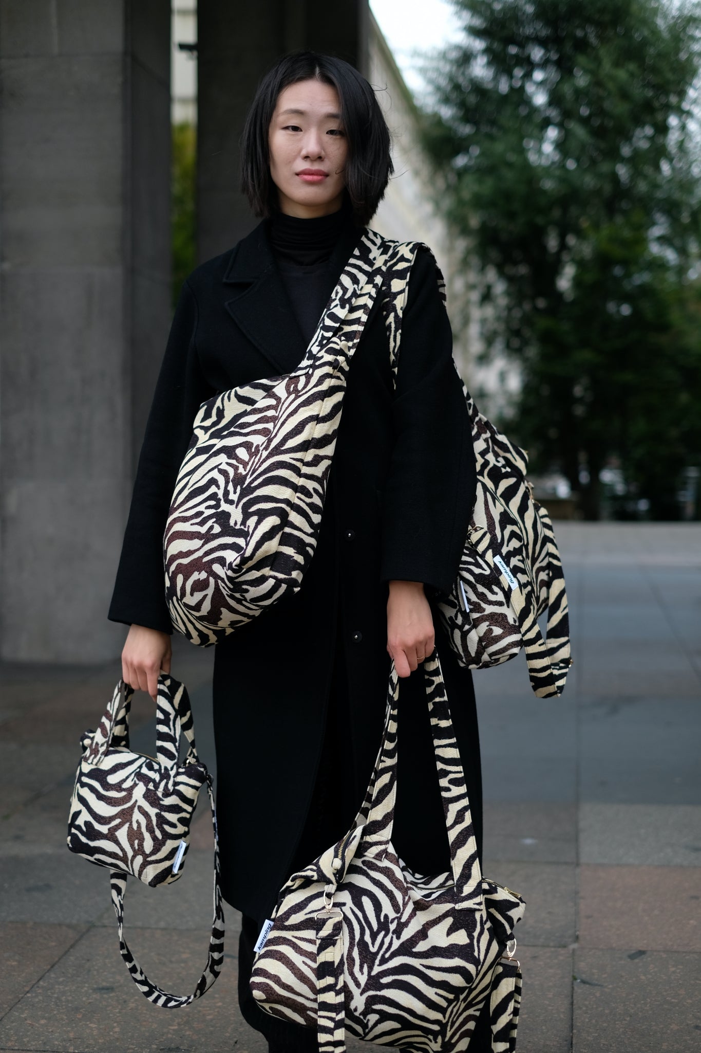Kamping Studios alle Zebra-Muster Taschen am Model 1